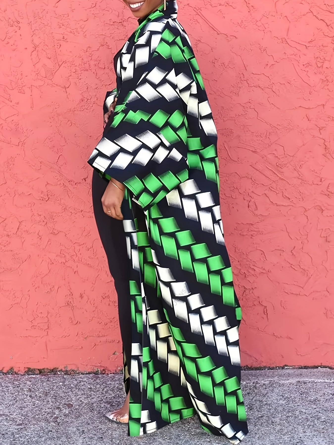 Chic Plus Size Open Front Kimono Abaya Cardigan - Casual & Versatile, Machine Washable, Polyester Blend with Elastane, Elegant Print Design