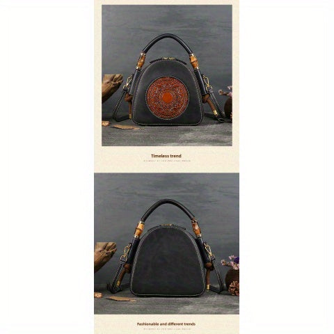 Genuine Leather Women's Crossbody Bag - Retro Chinese-Style Embossed Design, Adjustable Shoulder Strap, Zipper Closure, Top-Grain Cowhide Shell