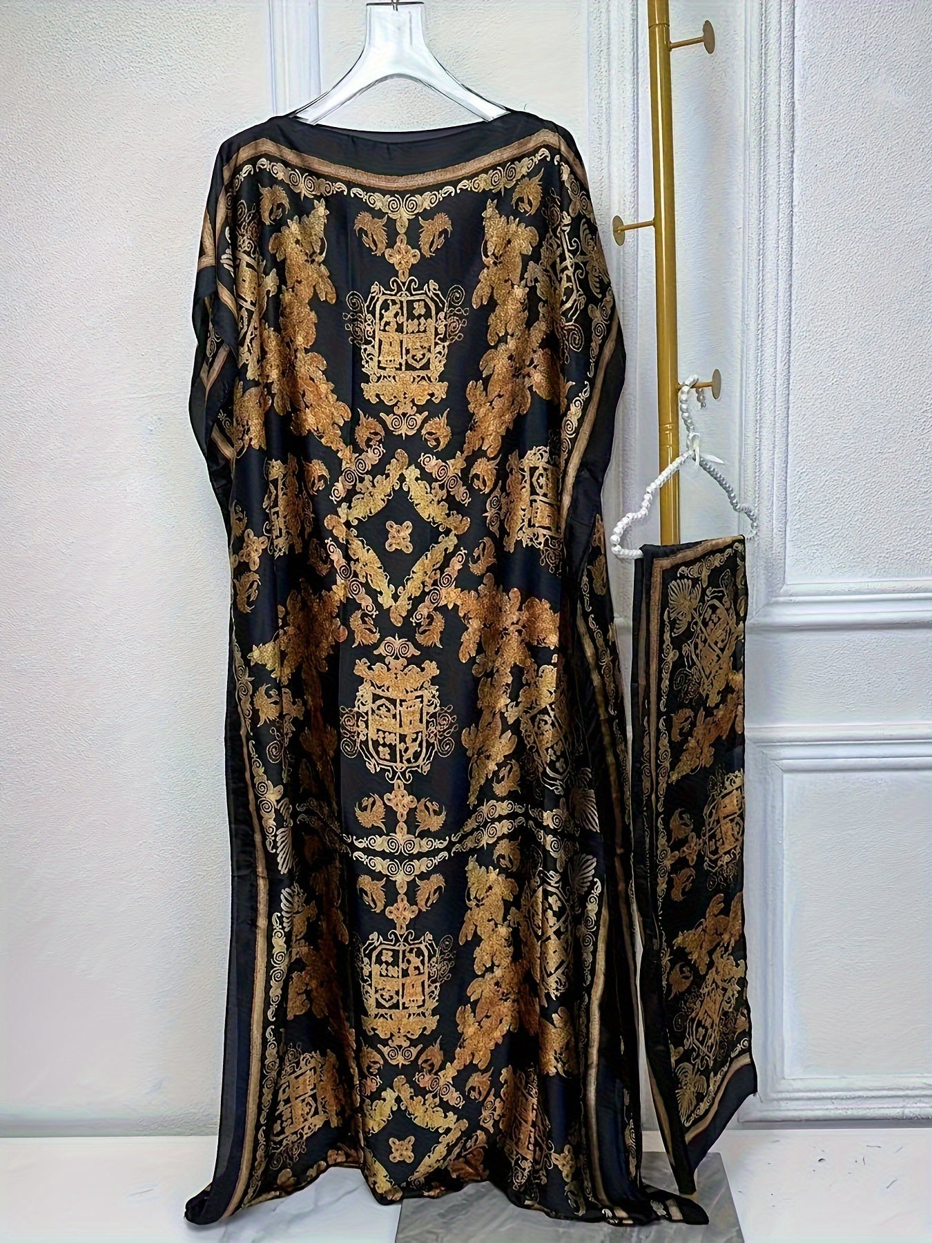 Lightweight Polyester Women's Kaftan Abaya Dress | Golden Floral Print Batwing Sleeve Loose Fit Maxi Dress, Middle Eastern-Inspired Spring Summer Fall Casual to Formal Wear with Scarf