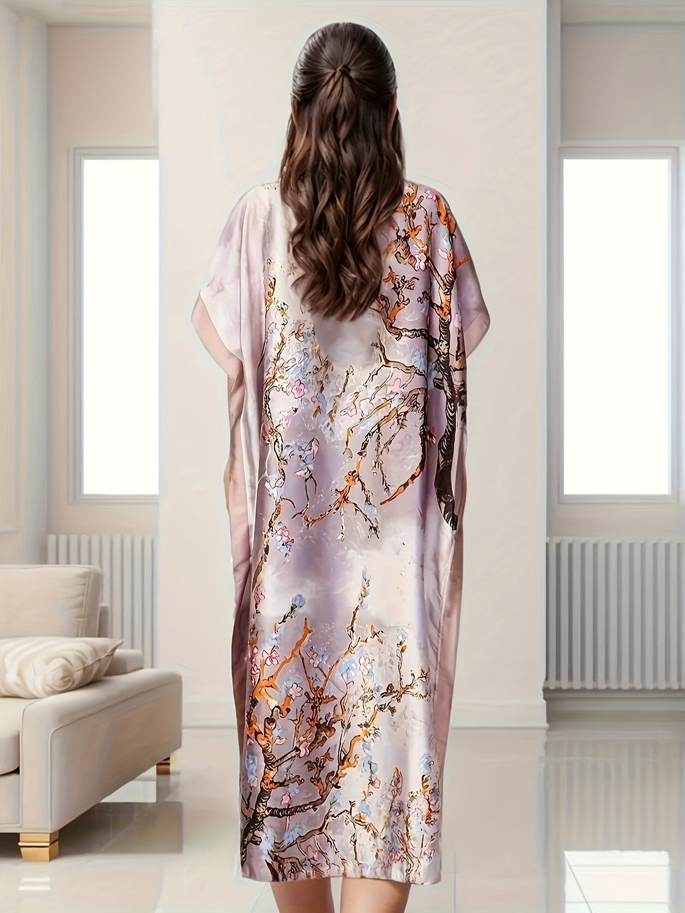 Elegant Floral Print Abaya Set with Batwing Sleeves and Draped Asymmetrical Hem