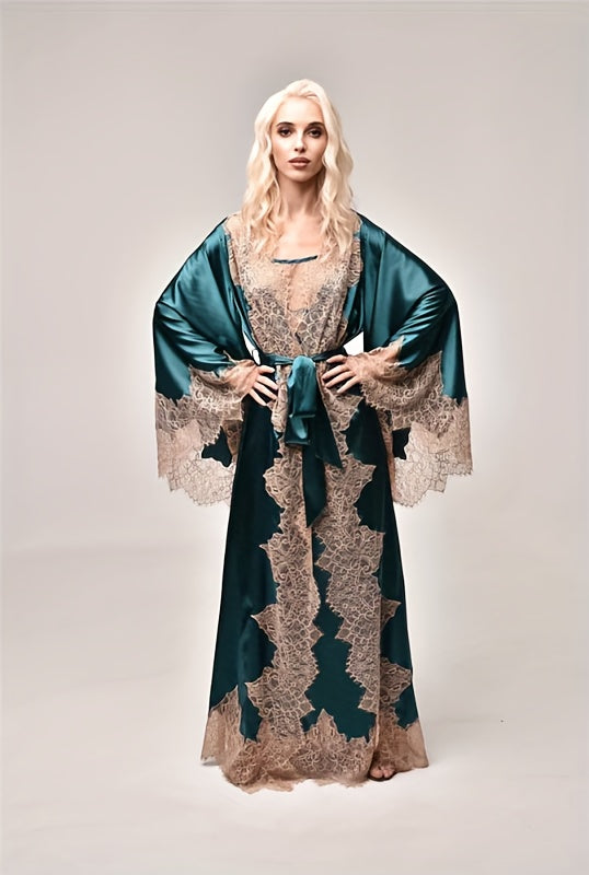 2pcs Satin Lace Kimono Abaya | Women's Bridal Robe On Wedding Day Light Long Lace Home Dress Pajamas