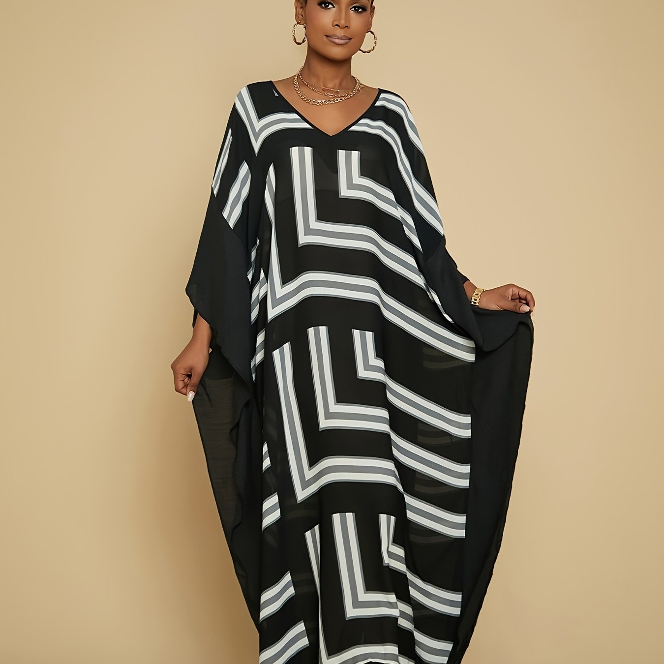 Women's Bohemian Kaftan Swimsuit Cover Up - Lightweight Geometric Print Maxi Dress for Beach & Pool, Machine Washable Summer Swimwear Cover-Up, Black, Bathing Suit Cover Up, Poolside Apparel, Soft Drape Material, Flowy Fabric