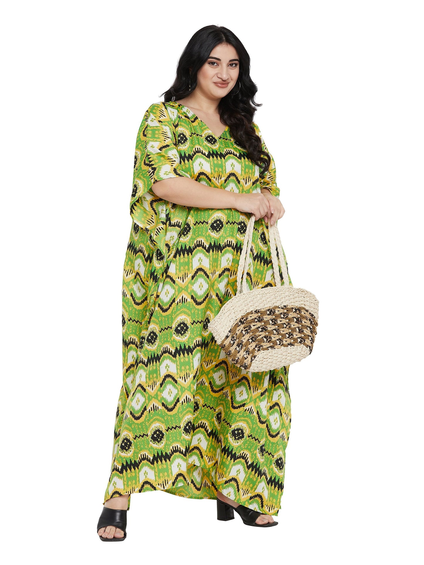 Plus Size Green Geometric Kaftan Dress for Women Polyester kaftan dresses