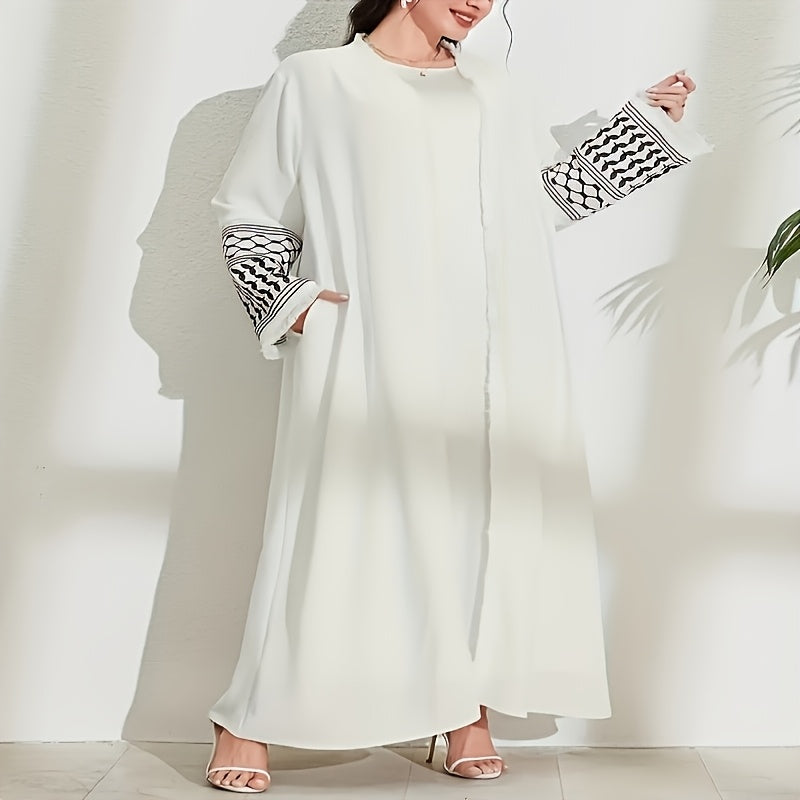 1pc Elegant Vintage Embroidered Arabic Abaya with Belt & Pockets - Black & White Geometric Pattern, Intricate Embroidery, Polyester All-Season Wear for Women, Ramadan