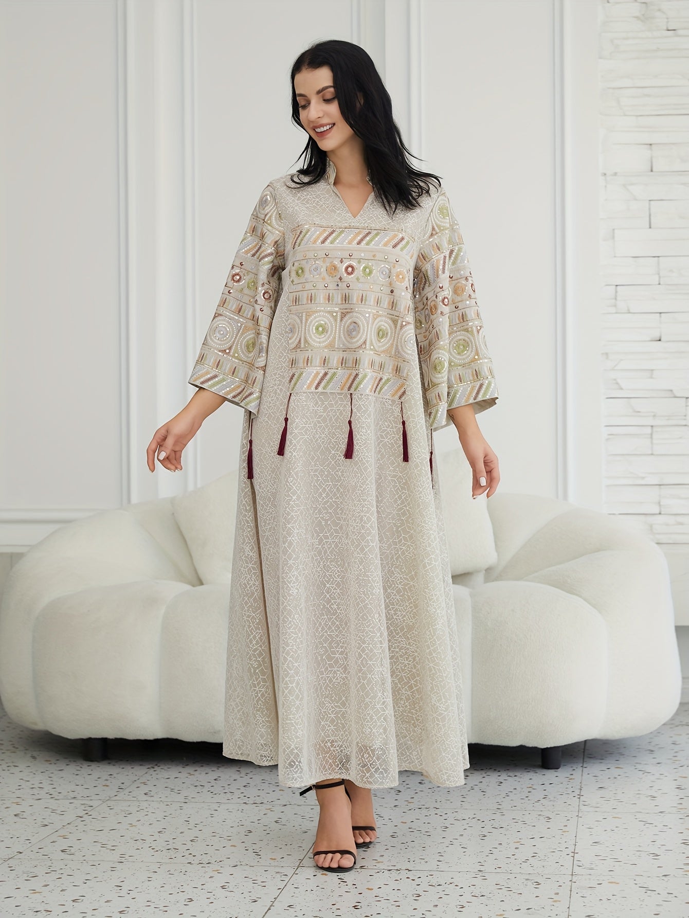Women's Middle Eastern-Inspired Kaftan Abaya Dress - Luxurious Lightweight Geometric Pattern Long Sleeve Loose Fit Floor-Length Elegant Evening Gown for Spring Summer Fall