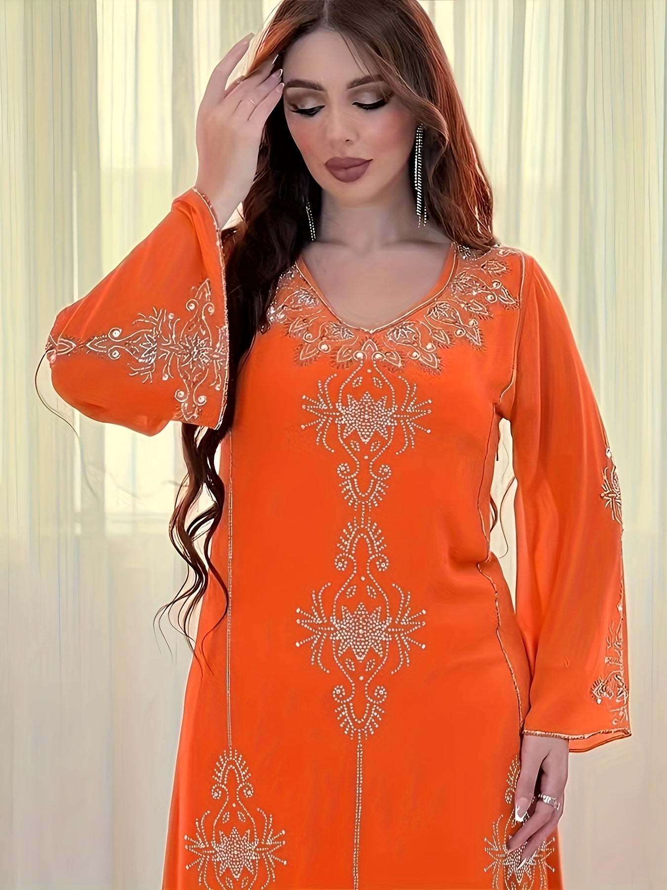 Elegant Rhinestone Embellished Chiffon Dress - Summer Long Robe for Women, Polyester, Machine Washable, Middle Eastern Style Palestinian Abaya