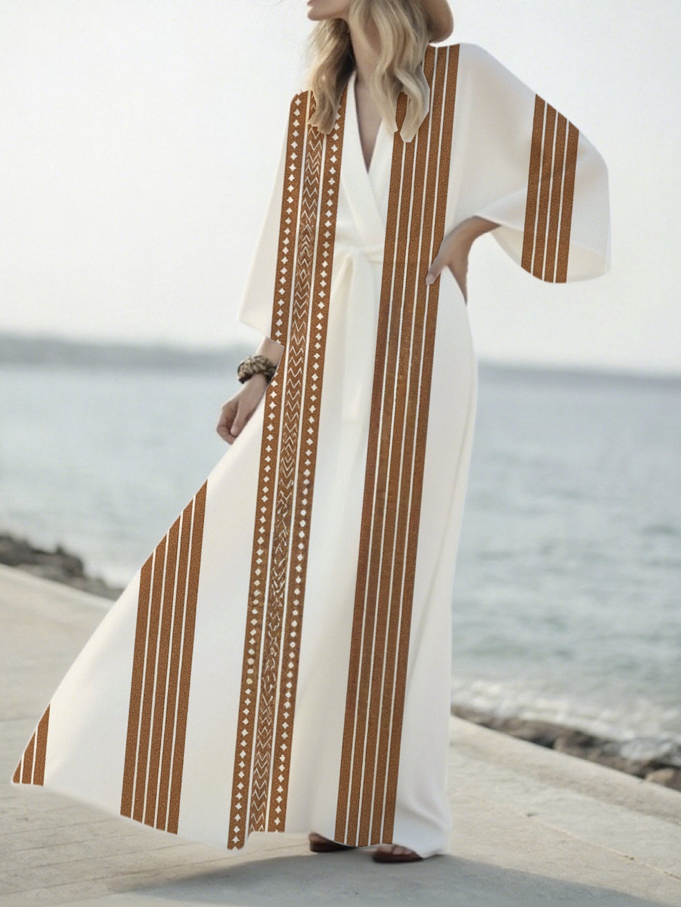Women's Japanese Kimono Abaya - Long Open Front Cardigan with Belt, Lightweight Maxi Beach Cover-Up, Boho Chic Lounge & Casual Outfit in White & Brown, All-Season Elegant Kimono for Women