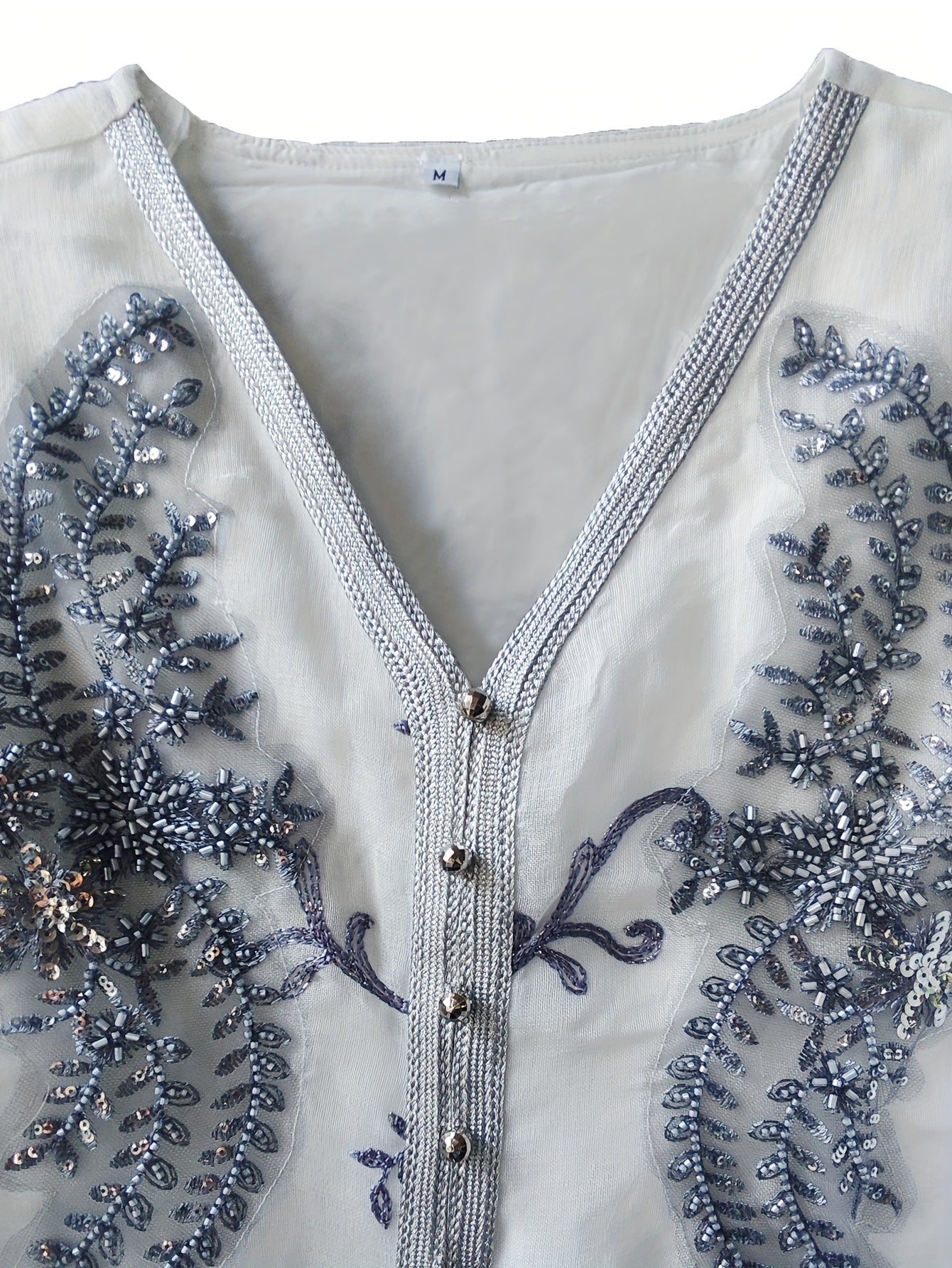 Elegant White V-Neck Long Sleeve A-Line Modern Abaya with Floral Embroidery & Sequin Details - Machine Washable All-Season Formal & Casual Wear, Long Sleeve Dresses, Special Occasion