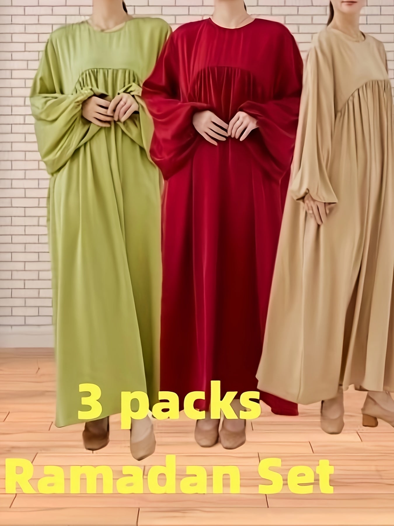Ramadan Three-Pack Muslim Abaya Dress with Packaging, Soft and Comfortable, Flowing Wide Skirt, Extra Large Sleeves and Cuffs, Elastic