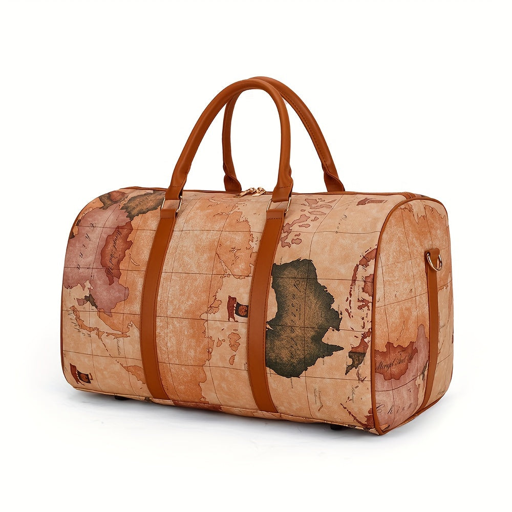 Vintage Leather Map Design Travel Duffel Bag, Large Capacity Luggage with Zipper Closure, Polyester Lined, Edge Painted - Hand Wash/Dry Clean Only, Secure Storage Bag | Retro Style Suitcase | Bag, Luggage for Travel