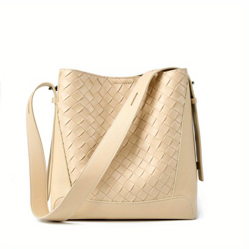 Genuine Leather Woven Tote Bag for Women - Large Capacity Crossbody Shoulder Bag with Adjustable Strap, Zipper Closure & Polyester Lining