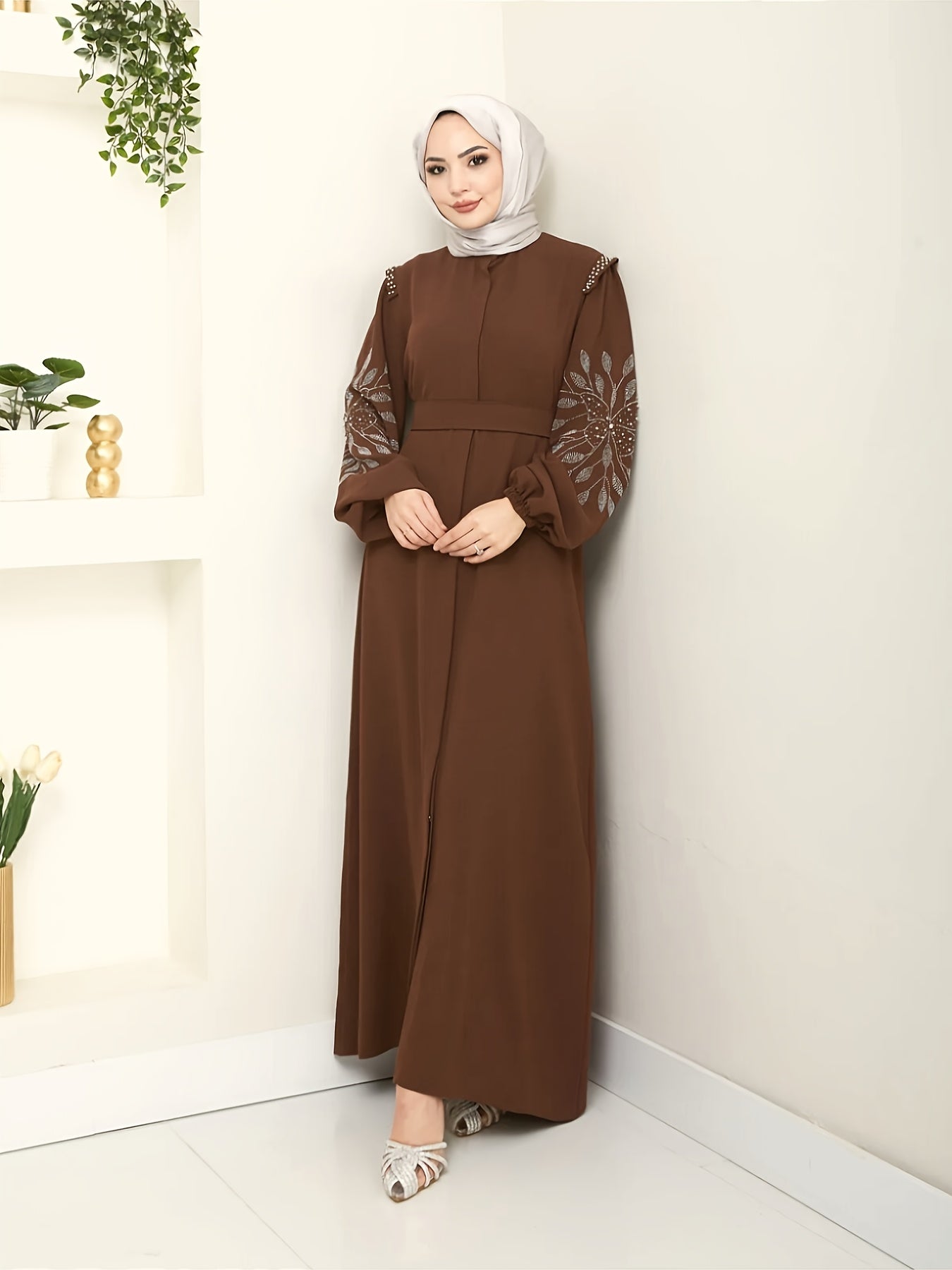 Elegant Middle Eastern-Inspired Rhinestone & Pearl Embellished Long Palestinian Abaya Dress - 100% Polyester Solid Black Floor-Length with Belt, Hand Wash Only for Modest Women