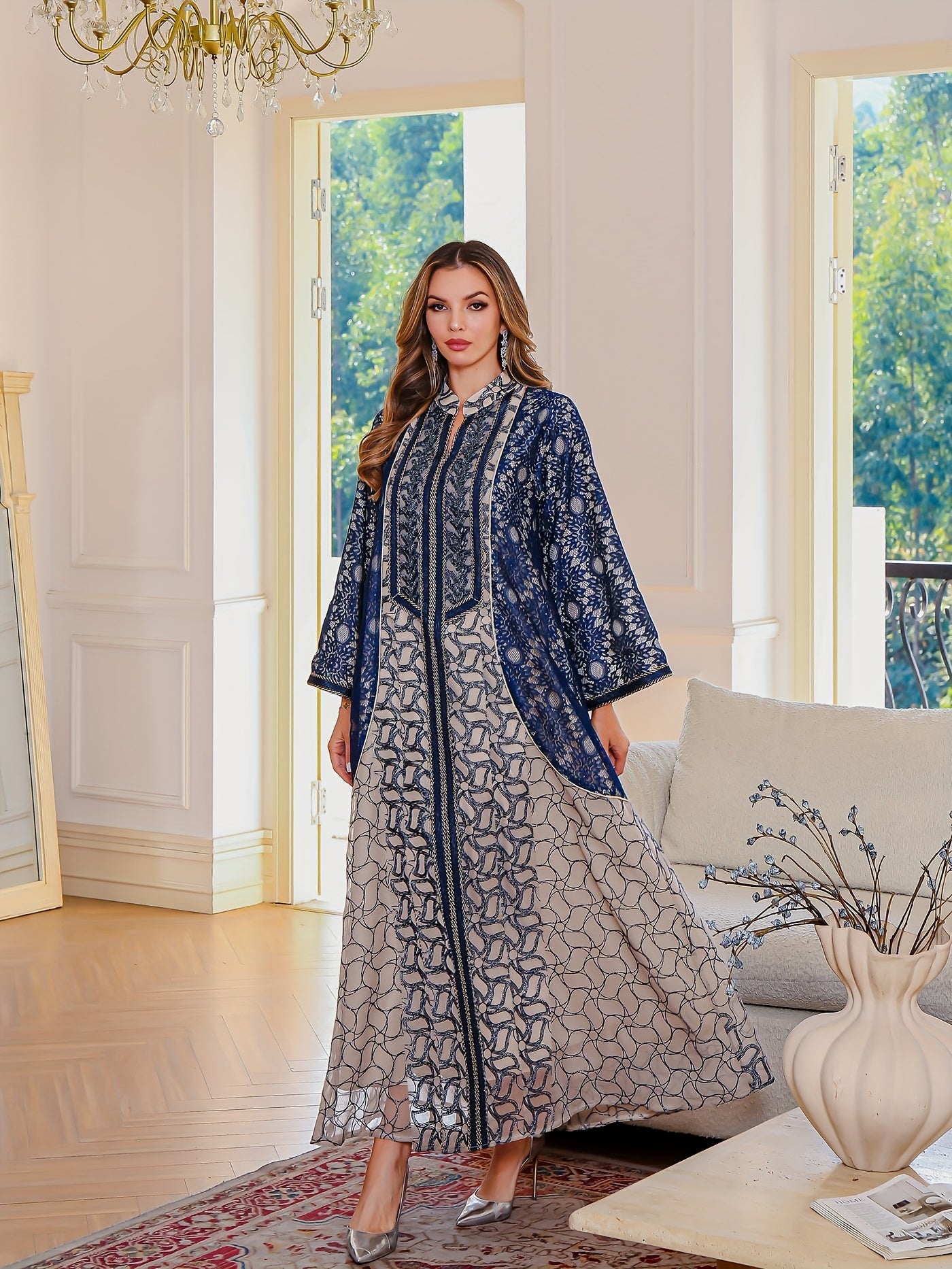 Polyester Abaya Long Dress | Geometric Pattern and Contrast Lace, Non-Stretch, Regular Sleeve, Modern Long Sleeve, All Seasons, Loose Fit, Woven Fabric, 200 g/m² Fabric Weight, 200 g/m²