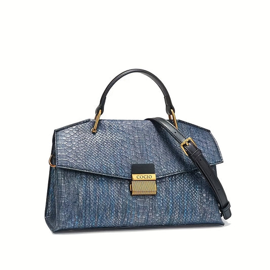 Handbag Women's 2025 New Blue Snakeskin Advanced Sense Small Messenger Fashion Versatile One Shoulder Crossbody Bag, Genuine Leather, Polyester Lining