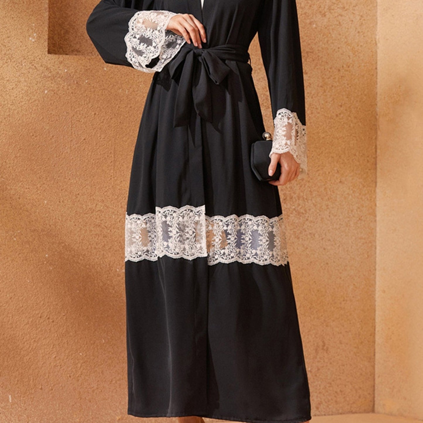 Women Open Palestinian Abaya Elegant Lace Patchwork V-Neck Long Sleeves Islamic Prayer Dresses Robe with Belt Casual Arabic Dresses