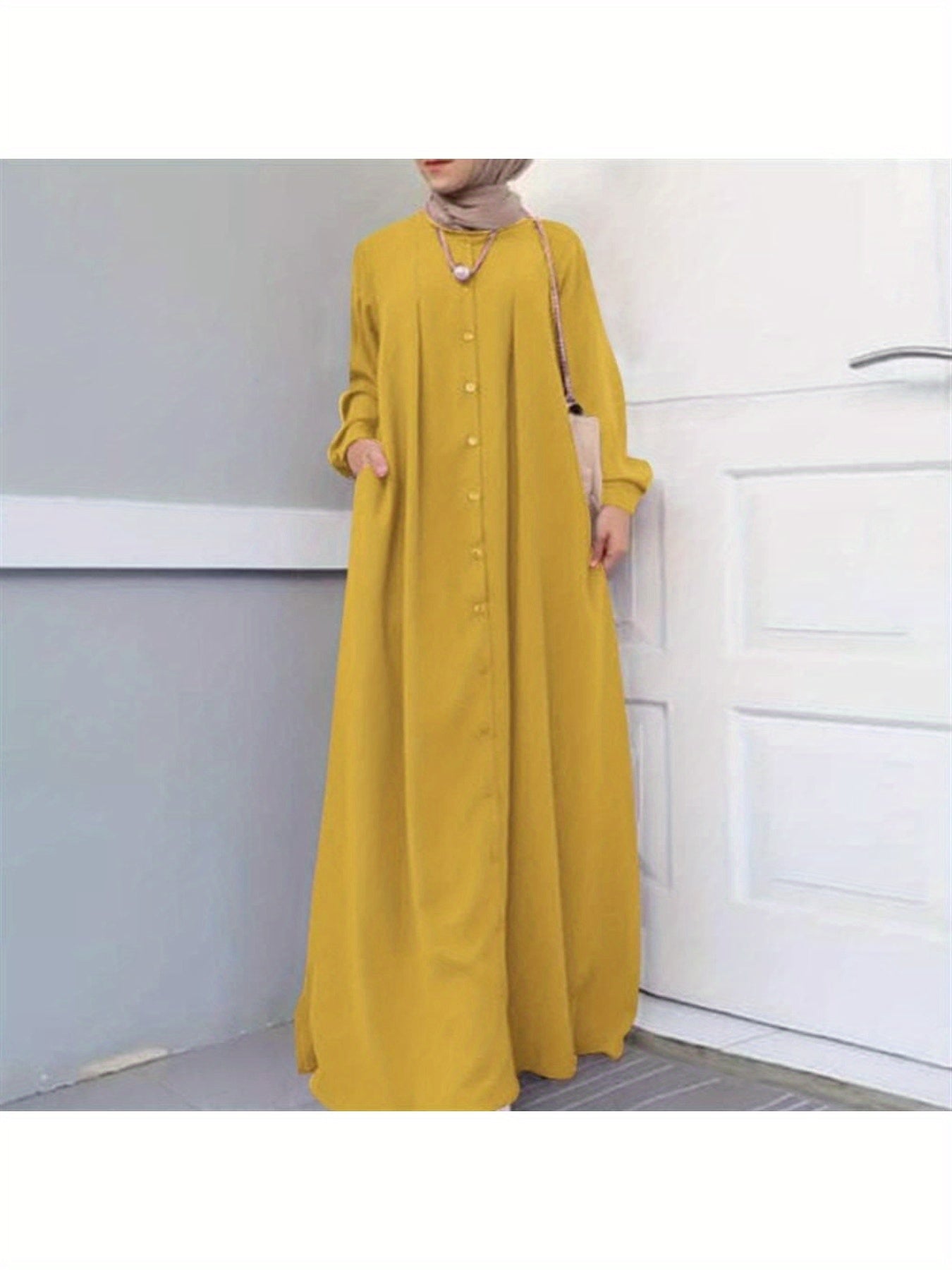 Women's Muslim Jilbaab Dress - Long Sleeve Loose Fit Maxi Abaya with Open Front, Islamic Modest Wear Saudi Style Robe, Vibrant Yellow & Solid Color Options, Machine Washable Winter Dress for Hajj, Umrah, Daily Prayer