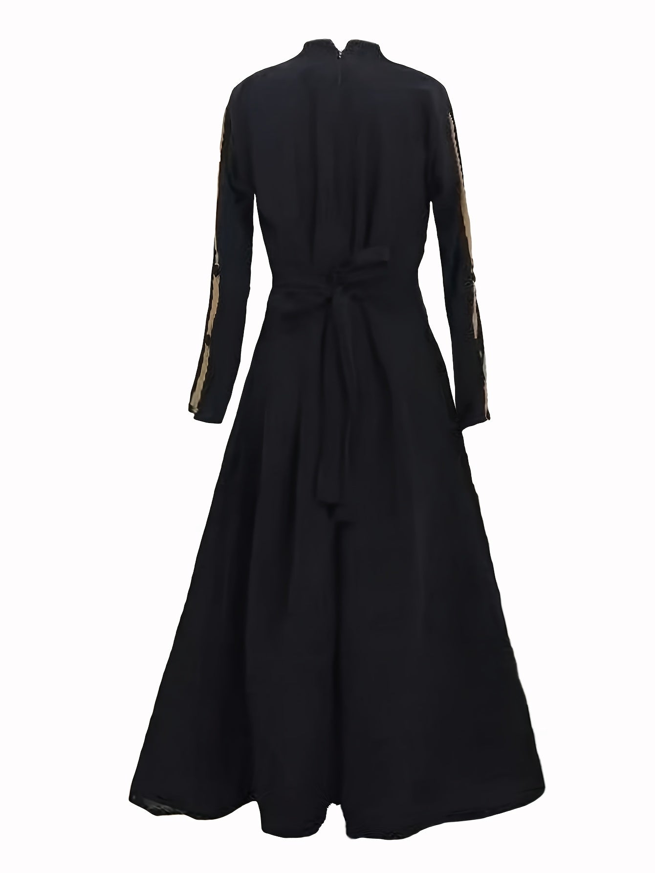 Women's Elegant Loose-Fit Long Sleeve Arabic Abaya with Adjustable Waist Belt - Solid Black Casual to Formal All-Season Machine Washable Traditional Attire, Modest Apparel, No Stretch Fabric