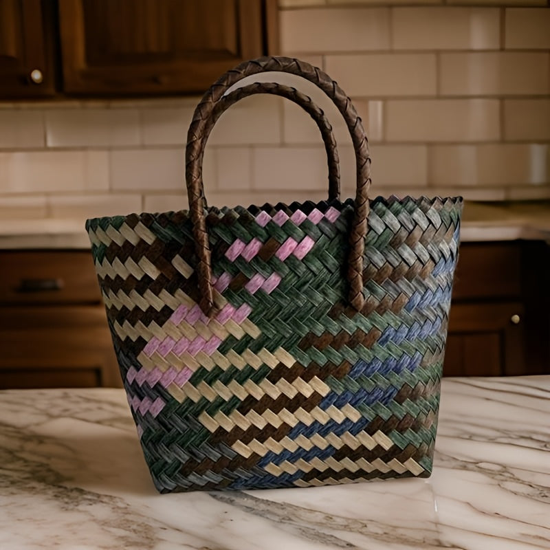 One Piece, Hand-Woven Handbag Handheld Versatile Women's Bag, Suitable for Vacation, Imitation Rattan Design, Tote Bag Style