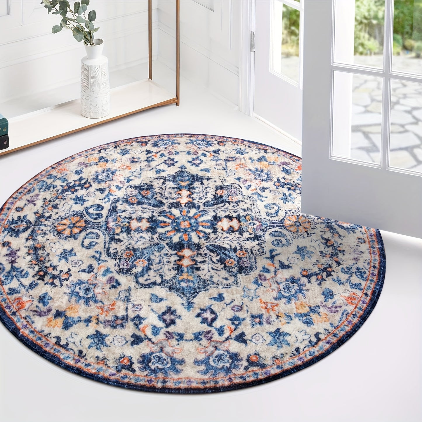 Bohemian Round Rug Bedroom Round Area Rug Soft Bathroom Circle Mat, Vintage Machine Washable Non Slip Low Pile Indoor Floor Carpet For Kitchen, Laundry Room, Entryway