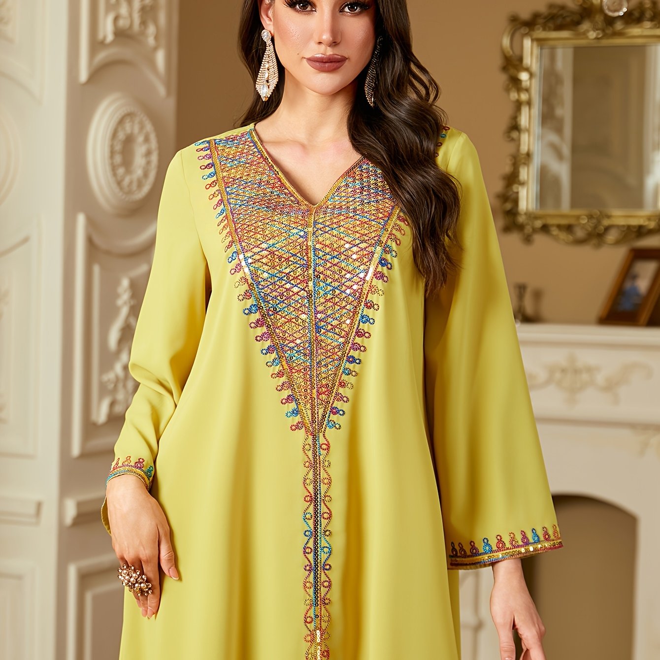 Elegant V-Neck Long Sleeve Kaftan Abaya with Sequin Detail - Polyester, Non-Stretch, Regular Fit for All Seasons