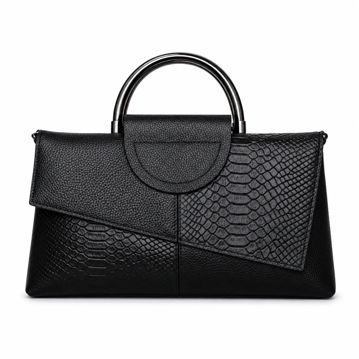 Black Leather Evening Clutch Metal Handles