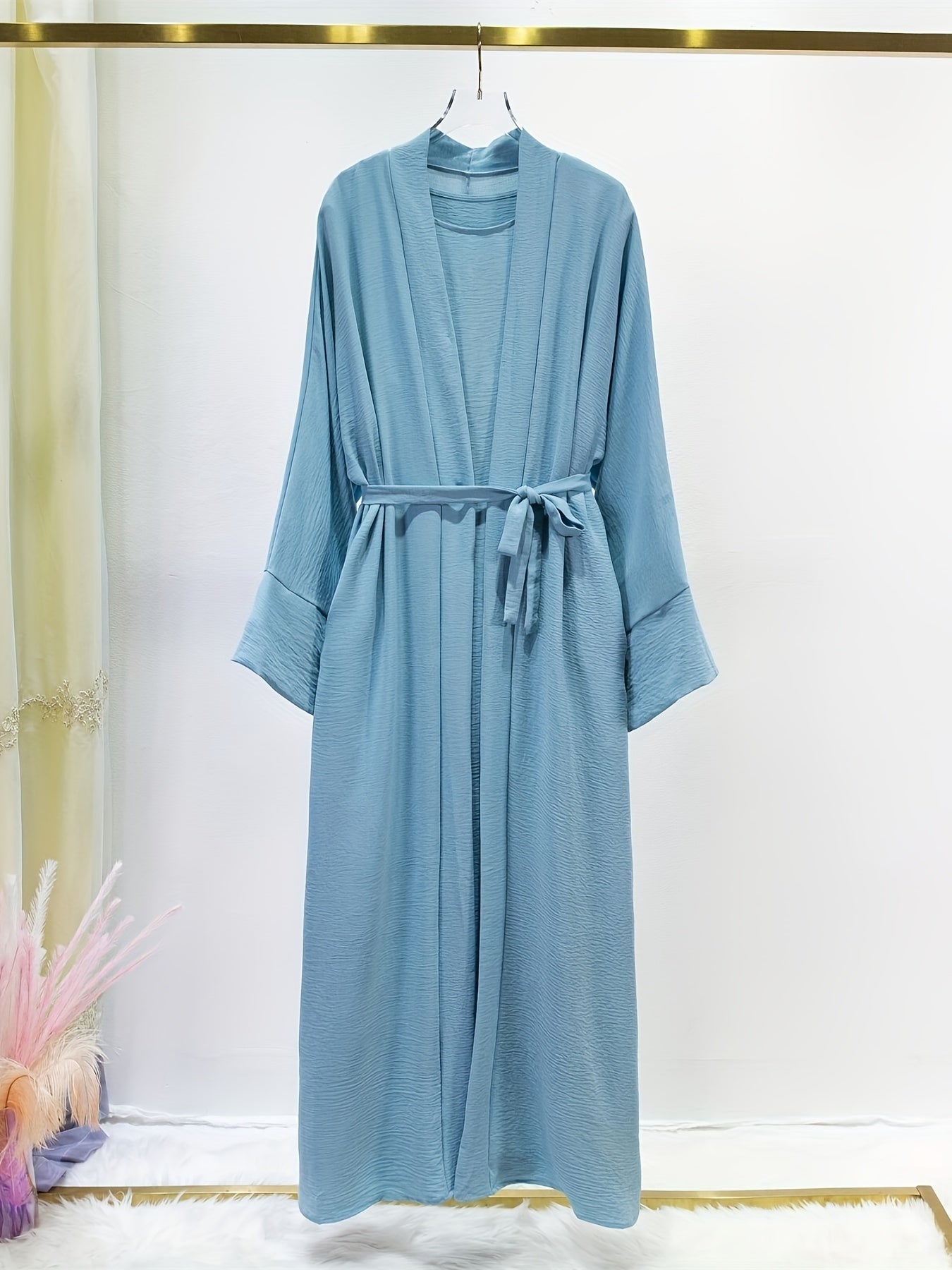 Ramadan Solid Color Modest Pakistani Abaya Set, Casual Crew Neck Sleeveless Tank Dress & Open Front Long Sleeve Tie Cardigan Outfits, Women's Clothing