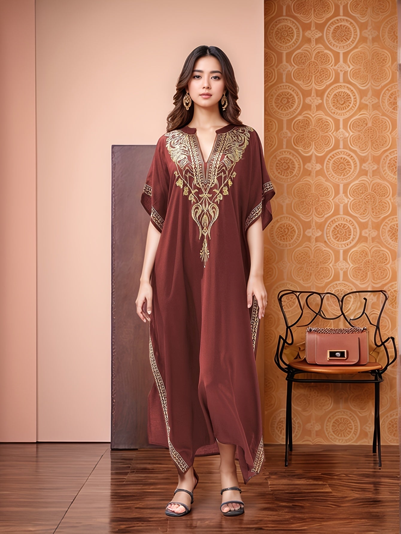 Elegant Gold Embroidered Resort Gown Kaftan Dress V-Neck Beach Blouse Kaftan