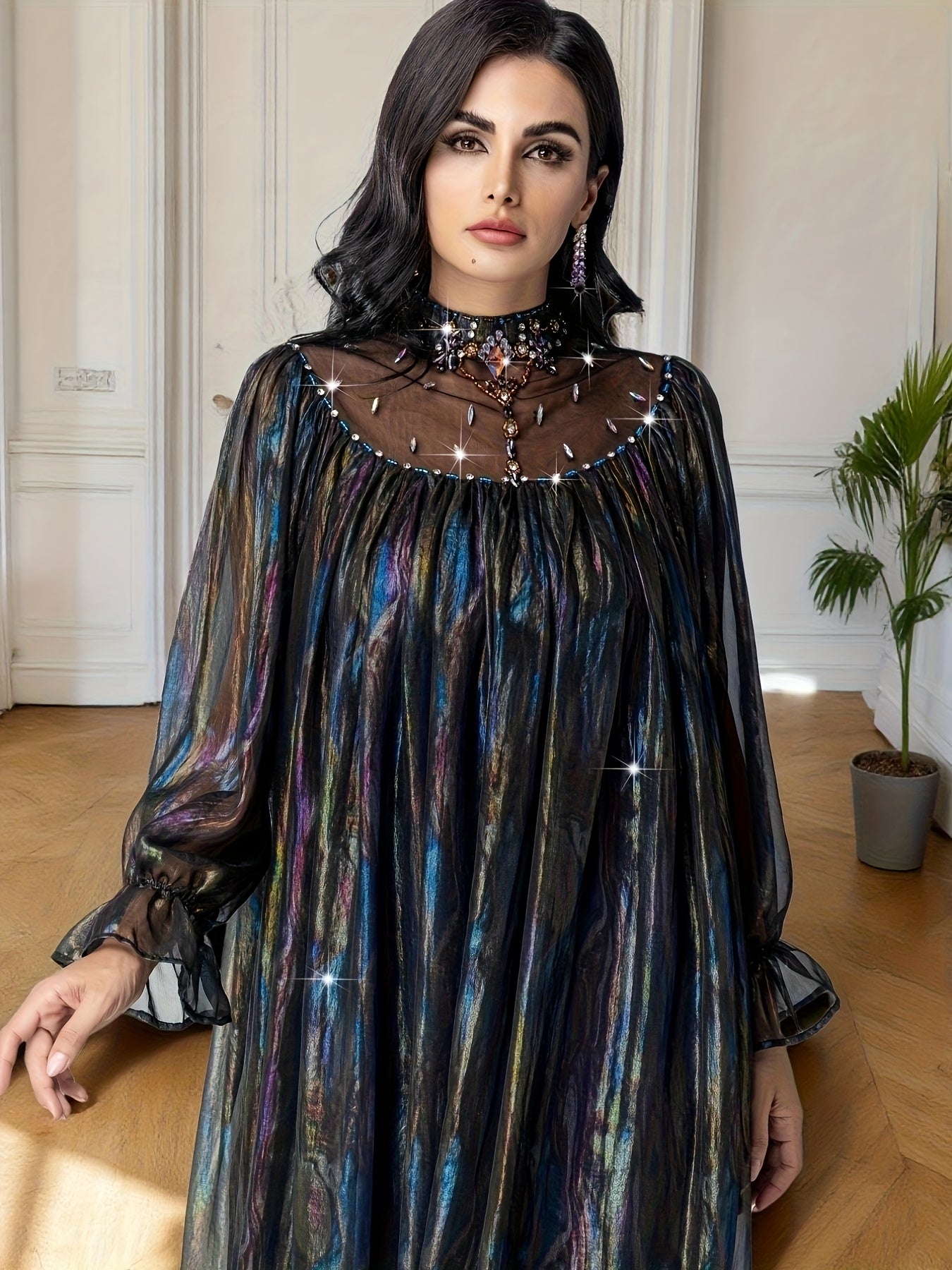 Elegant Rhinestone-Embellished kaftan Abaya Dress with Iridescent Shimmering Fabric, Arabian-Inspired Lantern Sleeves & Long Train - Hand Wash Only Traditional Formal Wear for Weddings