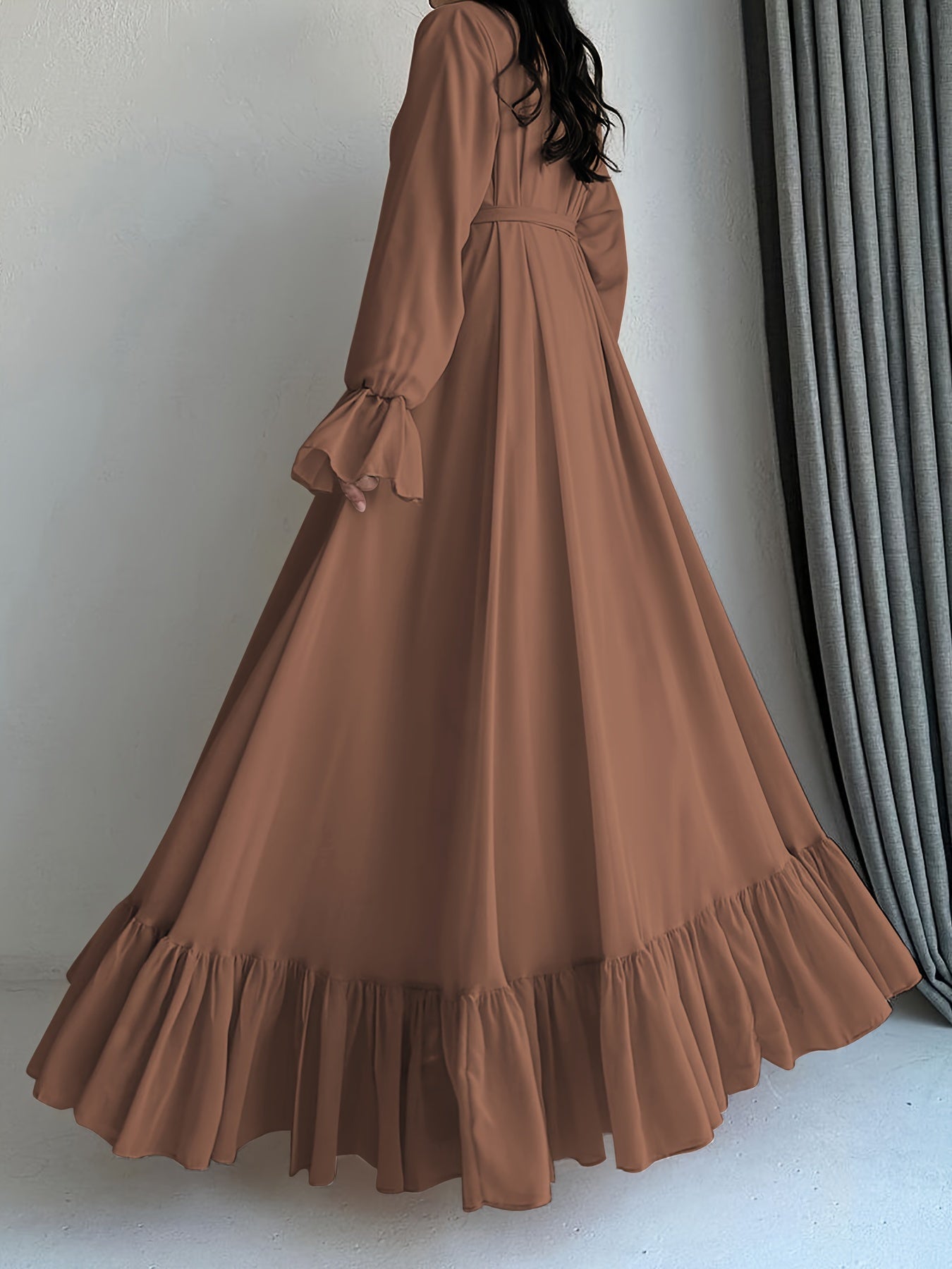 Stunning Solid Color Belted Peplum Maxi Dress - Elegant Palestinian Abaya for Women with Long Sleeves, Pleated Design, and Flattering Silhouette for Spring and Fall Seasons - Chic and Modest Clothing