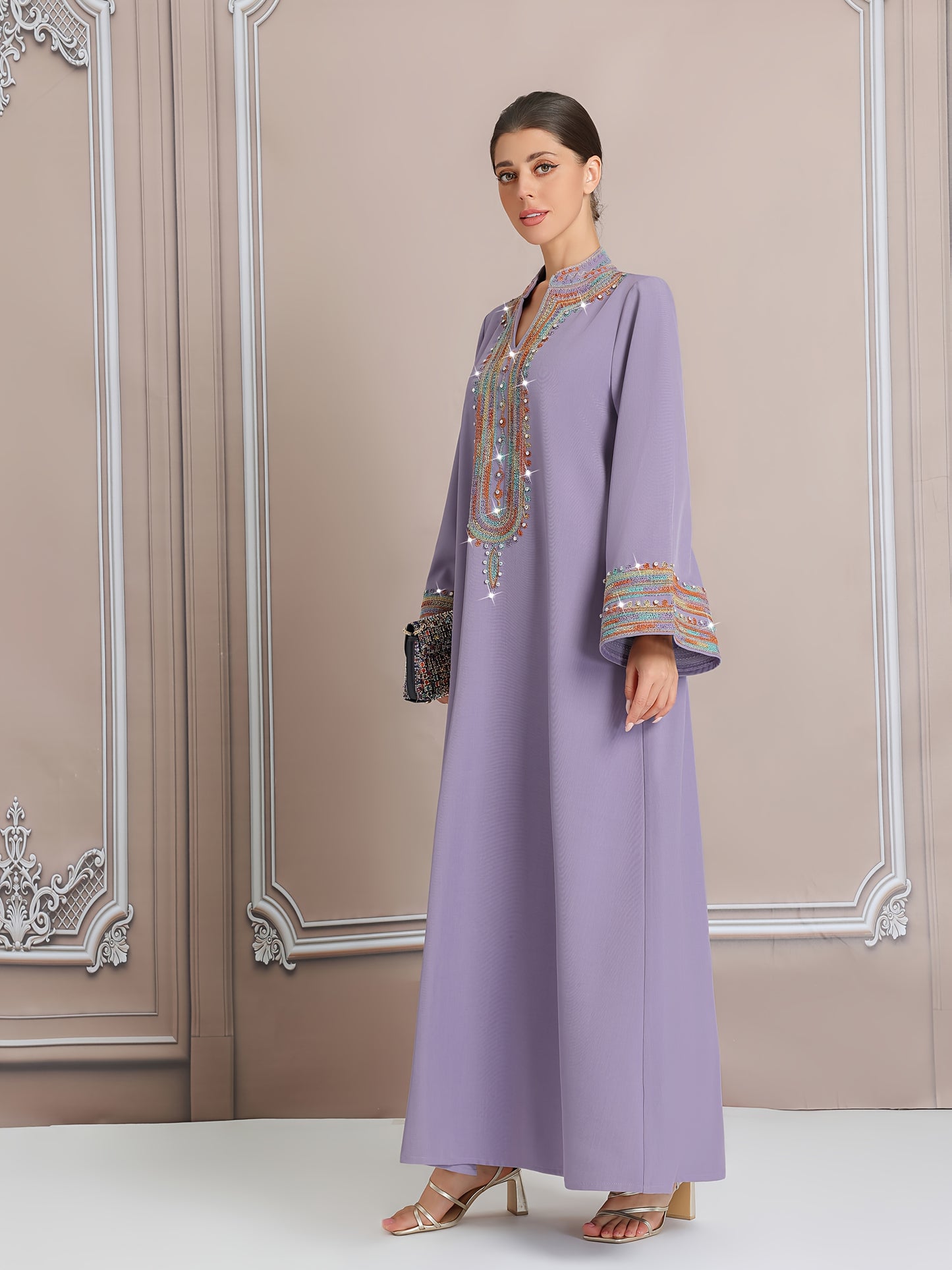 Women's Embroidered Long Kaftan Modern Abaya, Polyester 100% Regular Sleeve, All Season, Woven, 260g/m² Fabric Weight, Tribal Pattern, No Belt, Regular Fit