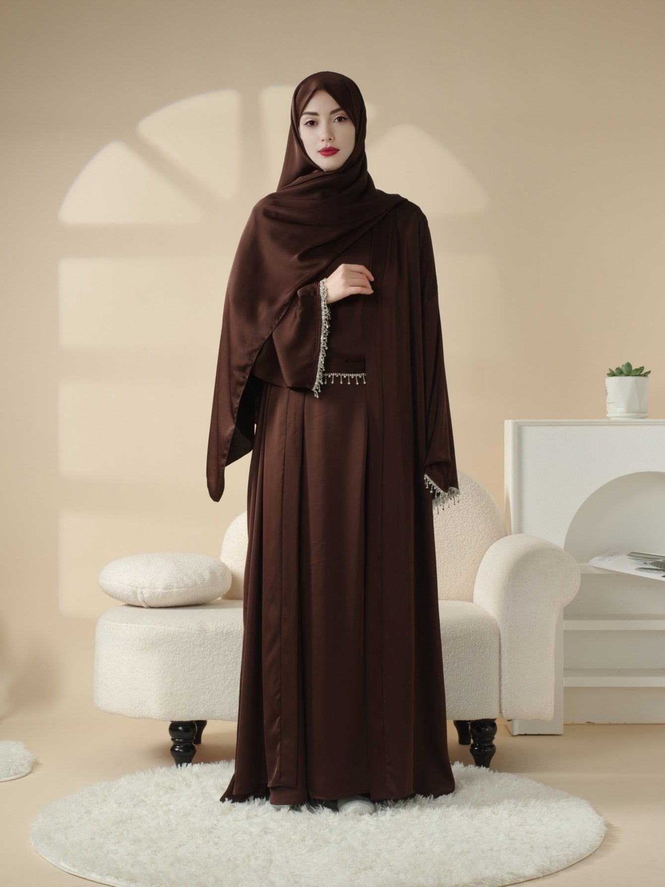 4pcs Satin Diamond Tassel Emirati Abaya Set Eid Al Adha, Abaya Muslim Women's Ramadan Iftar Eid Al Adha Iftar Holy Commemoration Prayer Garment Long Robe Gown Global Spring Summer