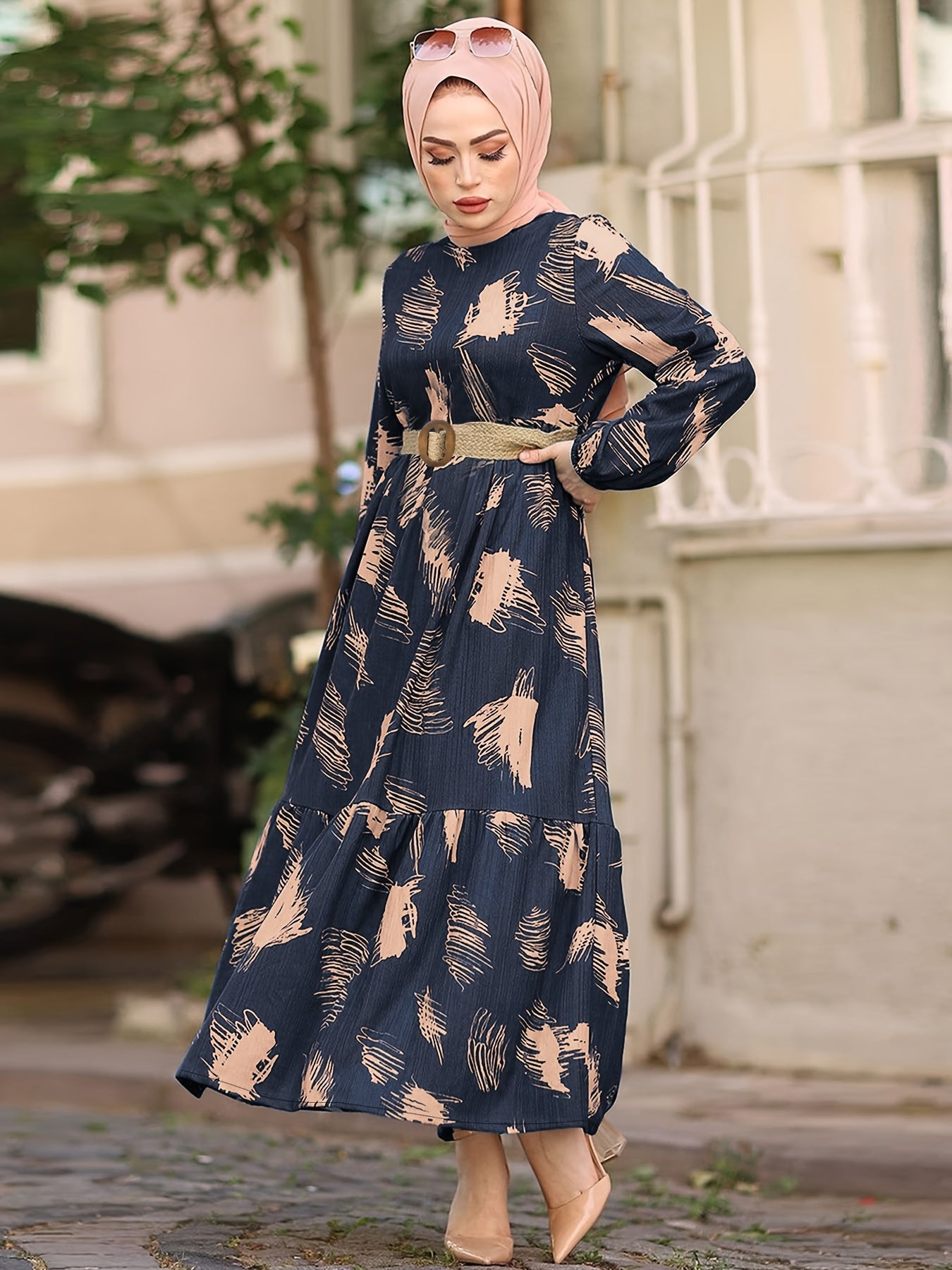 Ramadan Casual Long Sleeve Maxi Kaftan Abaya | Women's All Over Print Crew Neck Dress