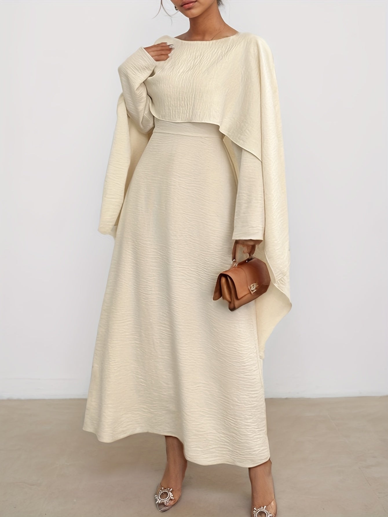 Ladies Spring And Summer New Style Solid Color Fashionable Elegant Temperament Long Sleeve Pleated Fake Two-Piece Design, Round Neck Irregular Long Women's Abaya Dress