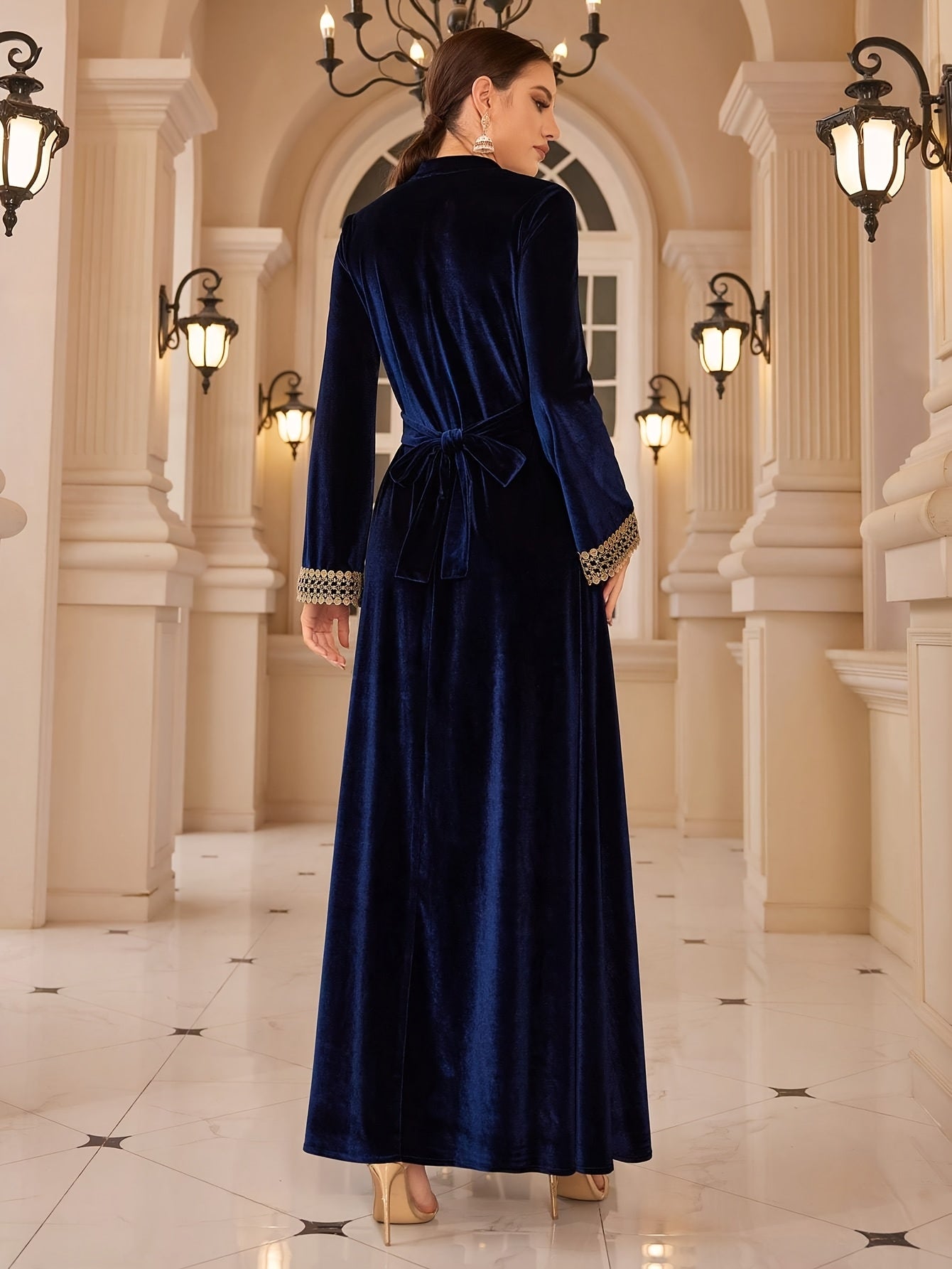 Elegant Women's V-Neck Tassel Embroidered Long Sleeve Maxi Modern Abaya - Velvet Teal Blue with Detachable Belt, Flowy Loose Fit for Weddings, Parties & Festivals, Middle Eastern Attire