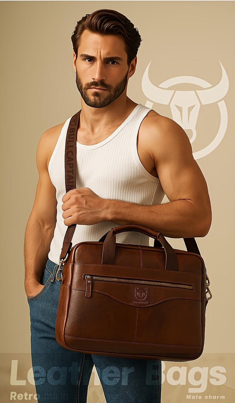 Men's Leather Multi-functional Briefcase Laptop Crossbody Bag, Men's Professional Business Bags For Work