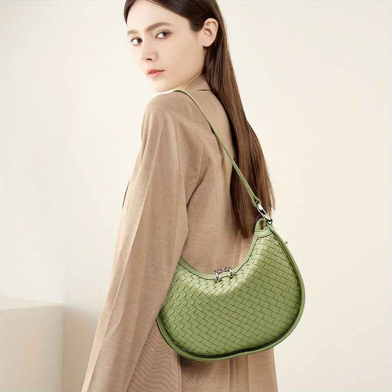 2025 New Niche Cowhide Woven Handbag for Women - Adjustable Crossbody Shoulder Bag with Zipper Closure, Vibrant Green Woven Texture