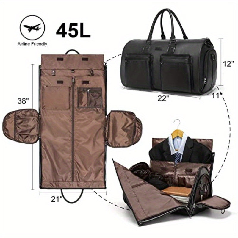 Men's 2-in-1 Garment & Duffel Bag - High Quality Vegan Leather Carry-On with Multiple Pockets, Shoe Compartment & Adjustable Shoulder Strap for Business Travel, Weekend Getaways