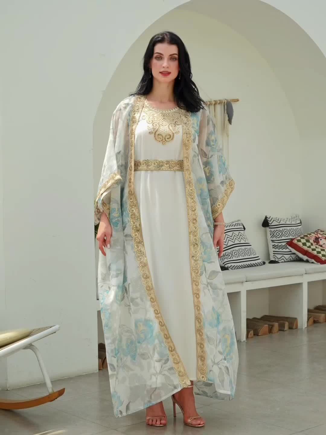 Oriental Traditional Style Sequined Lace Two-Piece Mesh Emirati Abaya Dress for Women - Long Robe with Veil