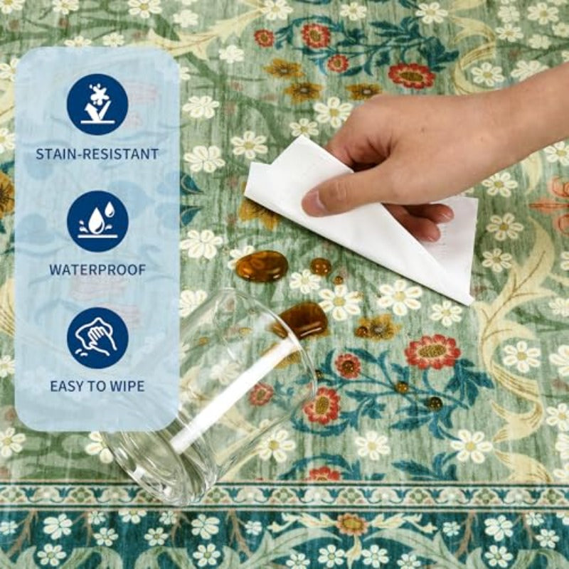 Floral Area Rugs, Sage Green Washable Rug for Living Room Bedroom Low Pile Non Slip Stain Resistance Indoor Boho Arabian Carpet Mat for Farmhouse Dining Room Office