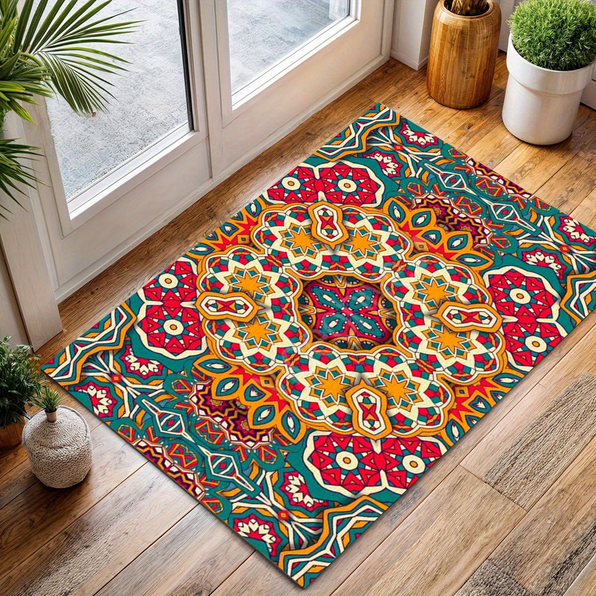 1pc Anti-Slip Machine Washable Entrance Carpet,Rug - Super Soft 100% Polyester Bohemian Floral Mat with Rubber Backing, Lightweight Indoor/Outdoor Mat for Kitchen