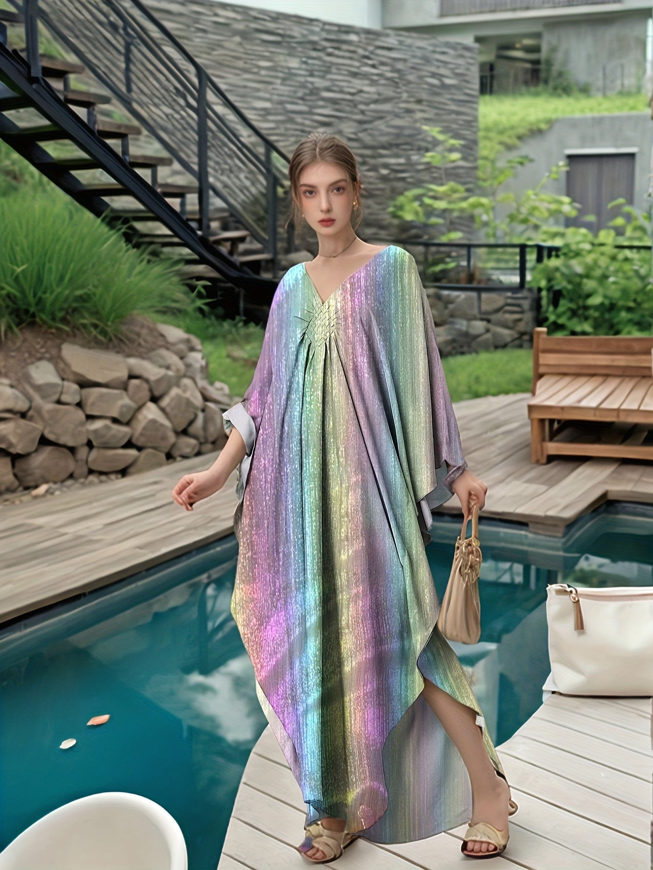 Kaftan Dresses For Women Sparkly Glitter Batwing Sleeve Kaftan Cover Up Beach Maxi Dress Loungewear