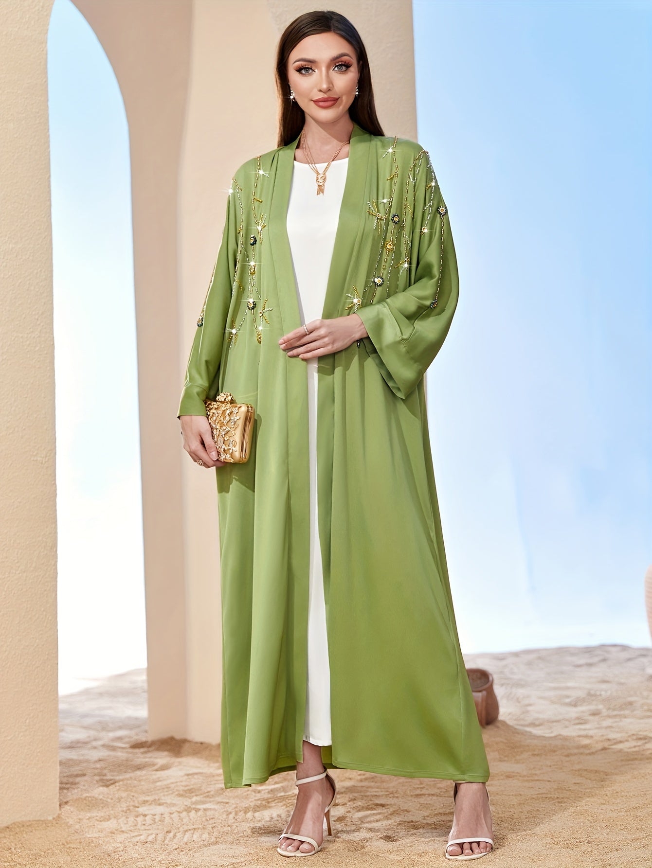 Rhinestone Long Sleeve Modest Dress, Elegant Open Front Abaya Loose Ankle Dress For Spring & Fall, Women's Clothing