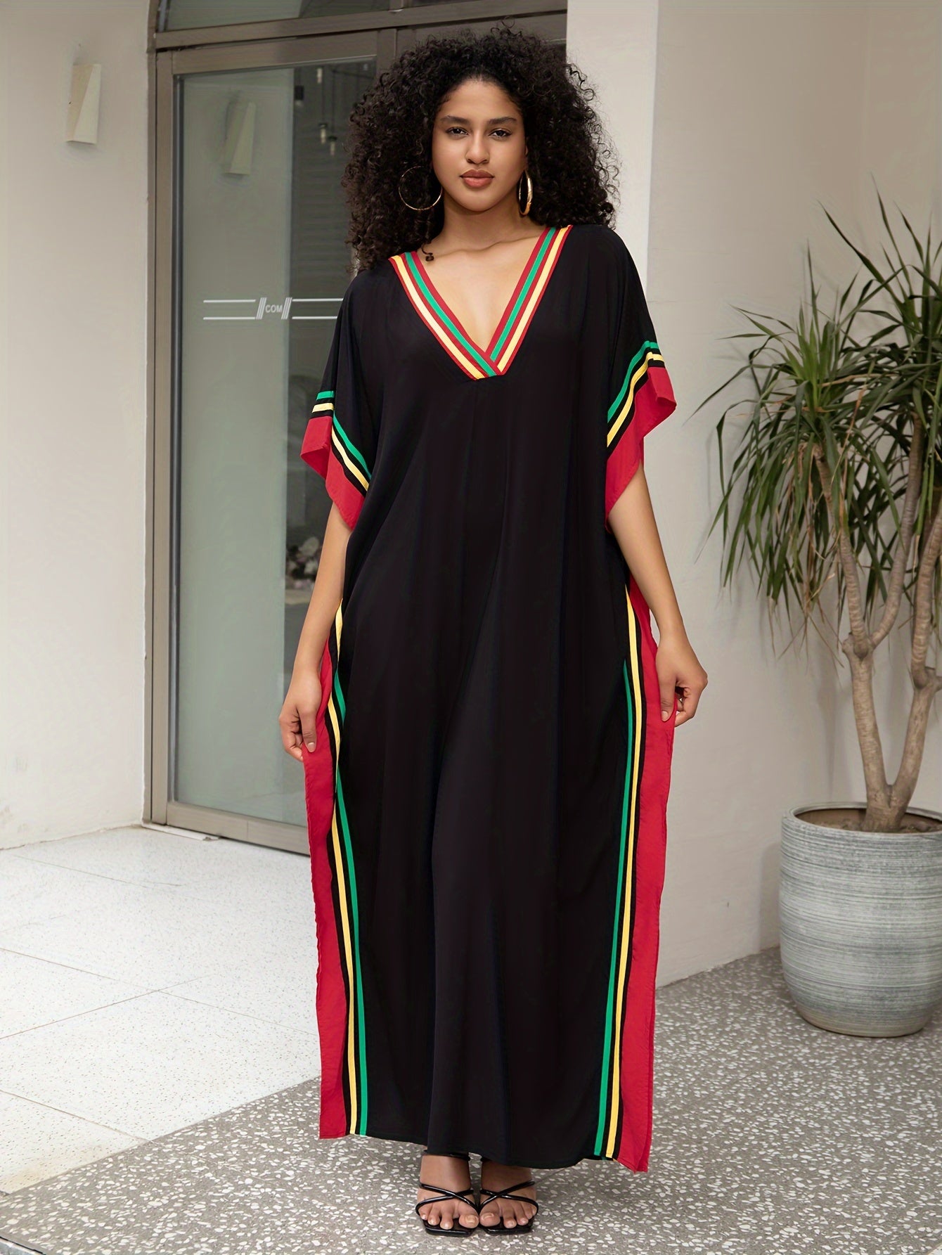 Stylish Women's Kaftan Maxi Dress - Comfortable Batwing Sleeve V Neck Design
