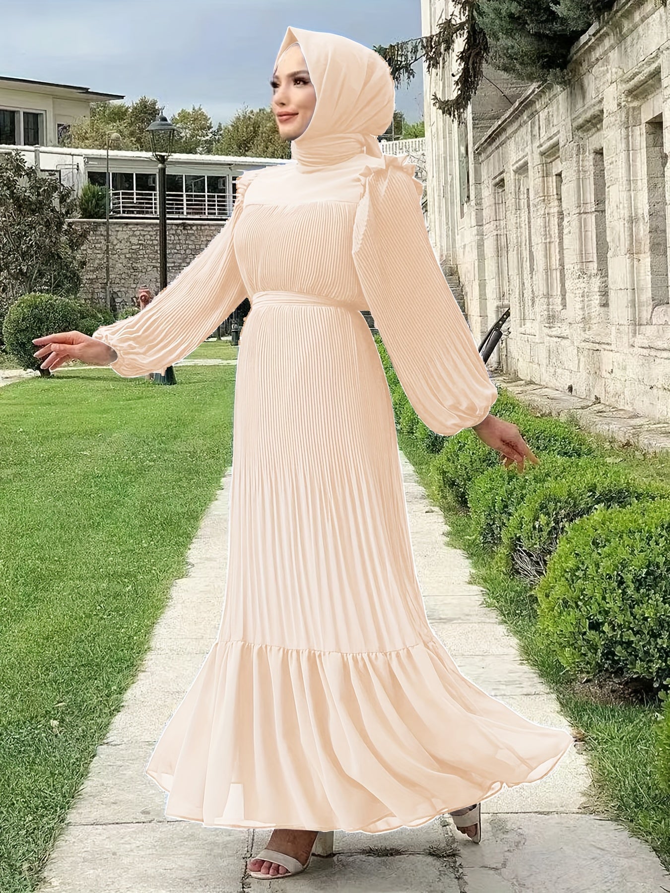 Women's Middle Eastern Muslim Baju Abaya Dress - Solid Color Pleated Long Sleeve with Belted Waist, Lightweight Breathable Fabric, Machine Washable Traditional Modest Dress
