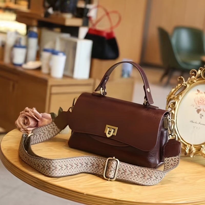 Genuine Leather Handbag for Women 2025 Vintage Lightweight Adjustable Crossbody Shoulder Bag with Snap Closure, Multiple Compartments