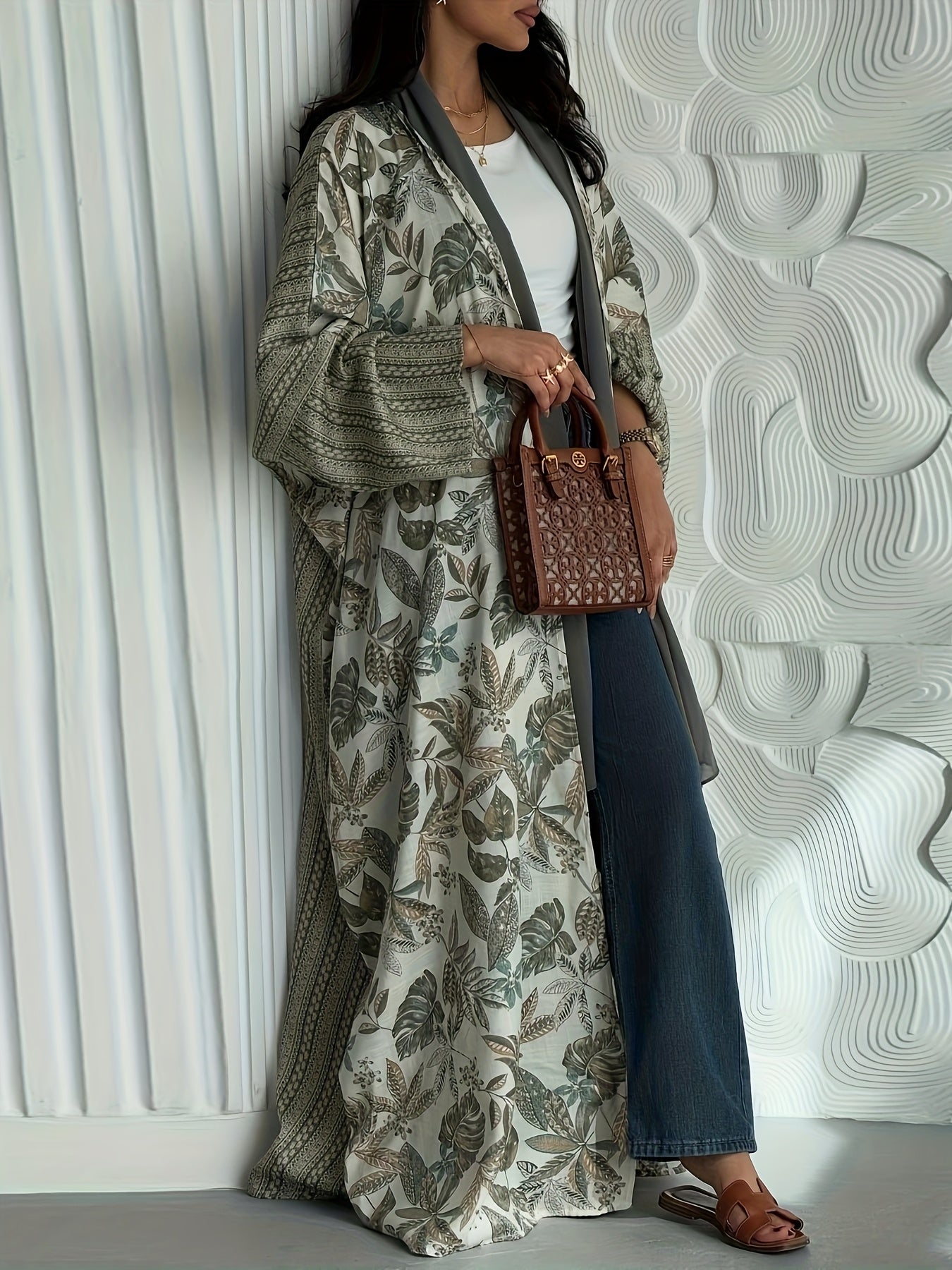 Elegant Floral Print Abaya - Lightweight Summer Modest Long Tunic with Open Front, Brown & White Design, Perfect for Casual or Formal Occasions, Casual Wear Abaya | Floral Abaya