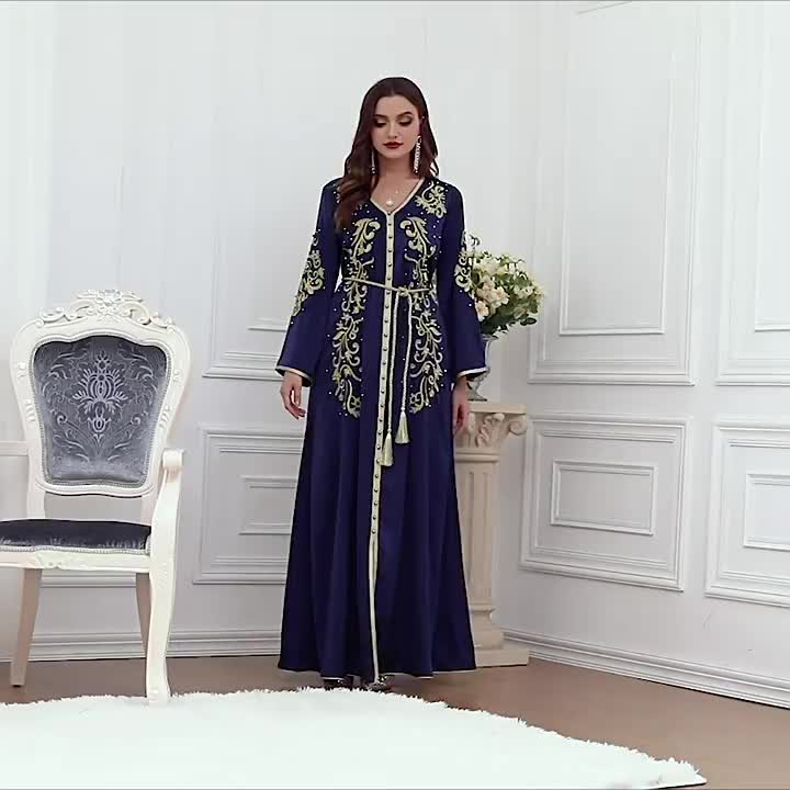 Plants Print V-neck Slit Kaftan Abaya, Long Sleeve Dress, Women's Clothing