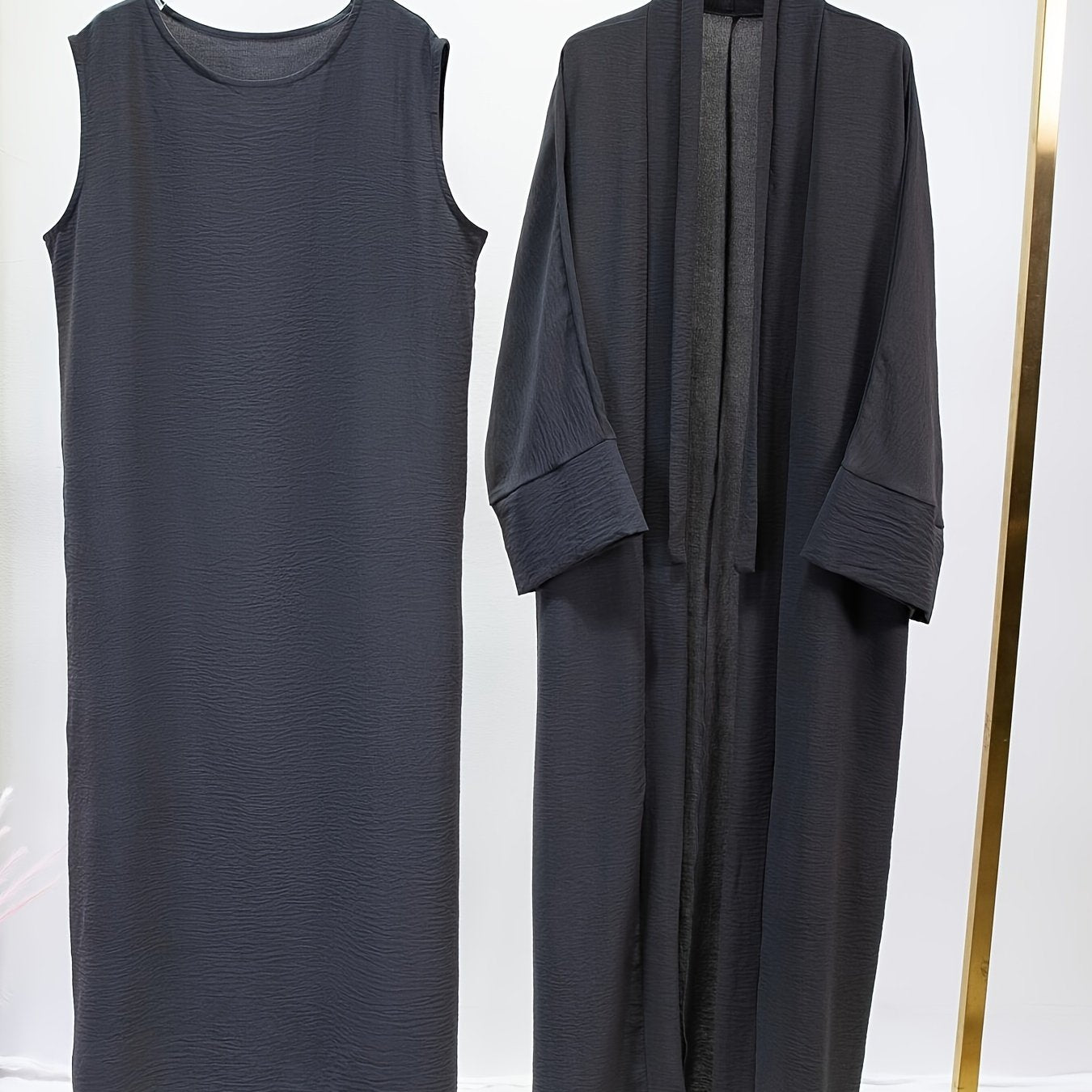 Ramadan Solid Color Modest Pakistani Abaya Set, Casual Crew Neck Sleeveless Tank Dress & Open Front Long Sleeve Tie Cardigan Outfits, Women's Clothing