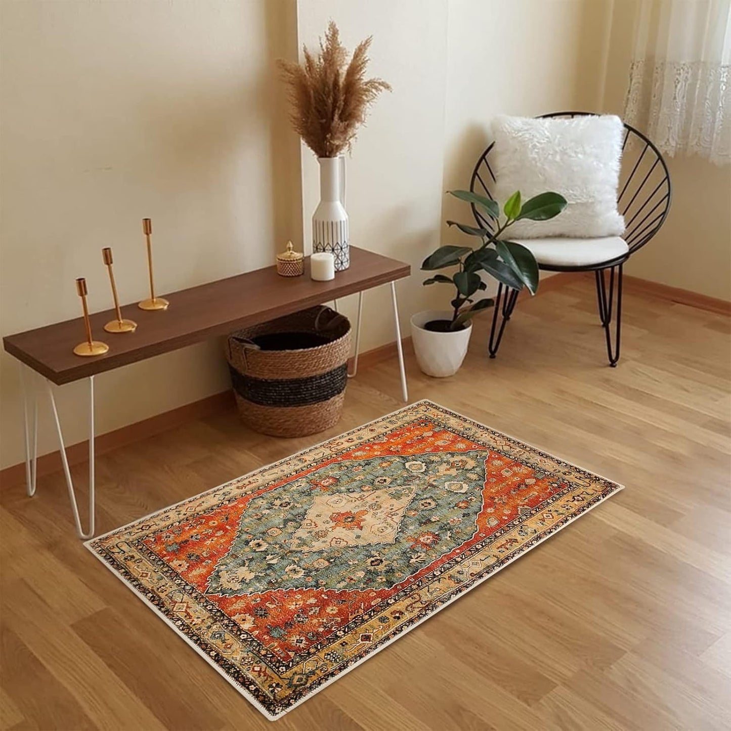 Boho Area Mat, Washable Rugs for Entryway Small Rugs Distressed Throw Mat Non-Slip Floor Mat for Indoor Bedroom Kitchen Living Room