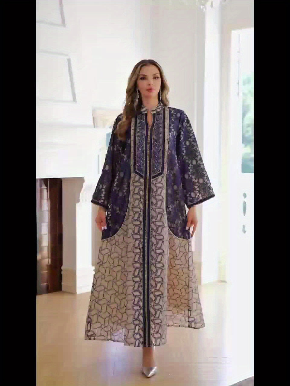 Polyester Abaya Long Dress | Geometric Pattern and Contrast Lace, Non-Stretch, Regular Sleeve, Modern Long Sleeve, All Seasons, Loose Fit, Woven Fabric, 200 g/m² Fabric Weight, 200 g/m²